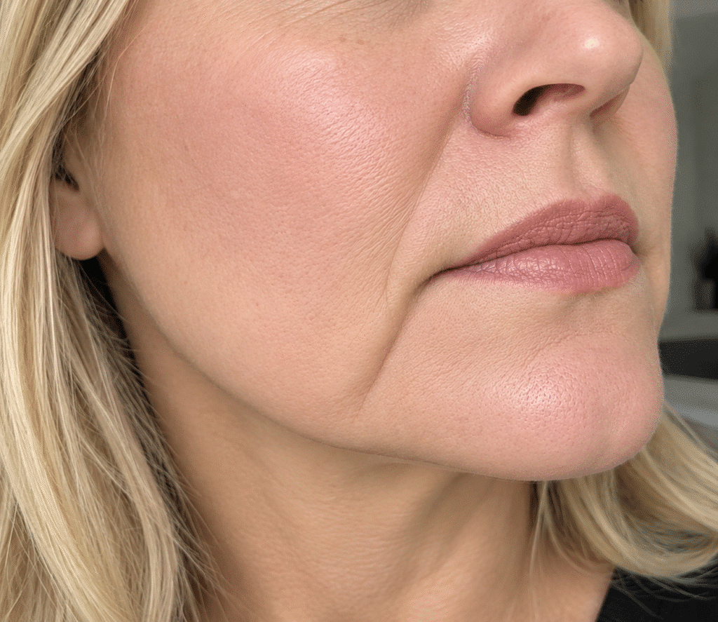 Close-up of the lower face of a woman with light skin, showing skin texture and fine lines around the mouth and cheeks.